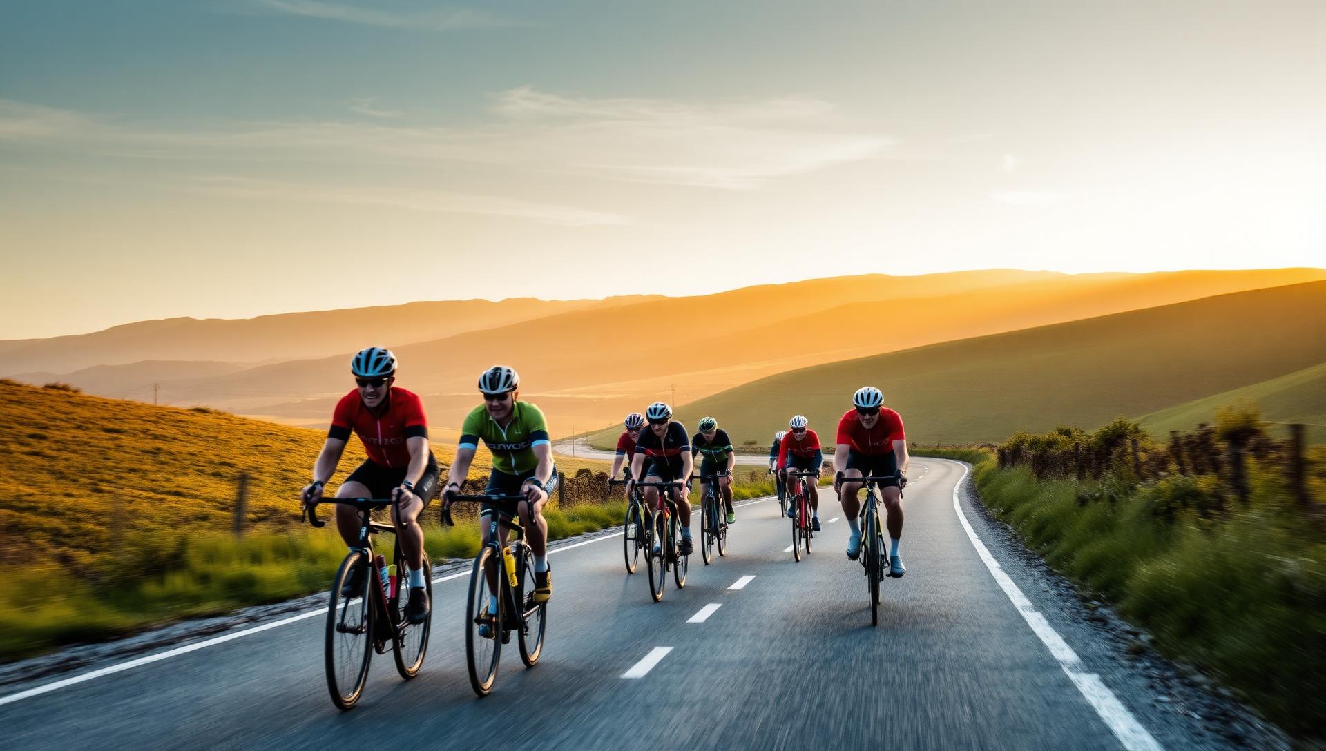 Cyclists riding through countryside at sunrise